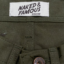 Load image into Gallery viewer, Naked &amp; Famous Weird Guy Army Green Duck Selvedge Jeans 28 x 34
