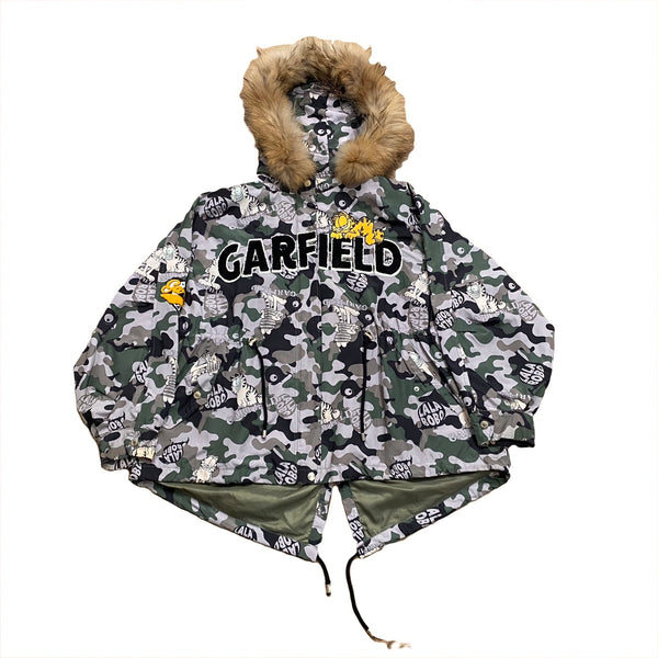 Lalabobo Garfield Sequin Logo Camo Racoon Fur Trim Hooded Jacket Women’s Large