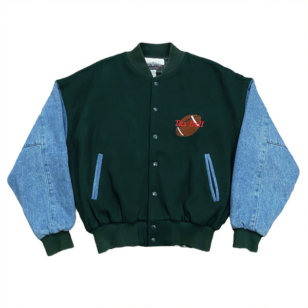 Vintage 1996 Warner Bros Studio Store Taz Football Wool Denim Bomber Jacket Men’s Small