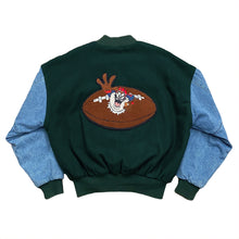 Load image into Gallery viewer, Vintage 1996 Warner Bros Studio Store Taz Football Wool Denim Bomber Jacket Men’s Small
