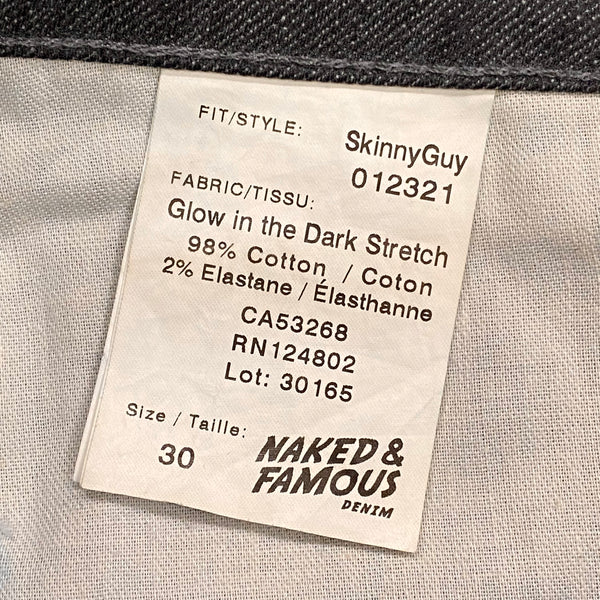 Naked & Famous Skinny Guy Glow In The Dark Stretch Raw Denim Jeans 30 (30 x 28) with UV Light Pen