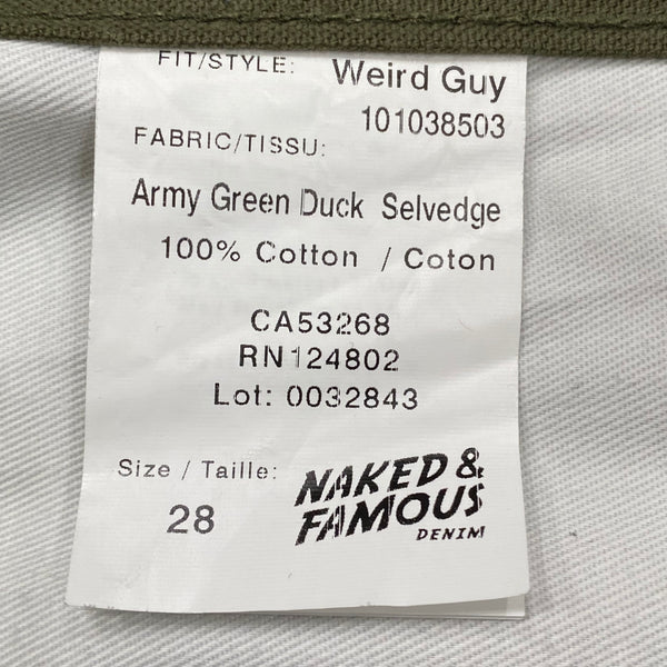 Naked & Famous Weird Guy Army Green Duck Selvedge Jeans 28 x 34