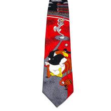 Load image into Gallery viewer, Closeup view of Vintage 1992 Looney Tunes Bugs Bunny Foghorn Leghorn Egghead Jr Baseball Necktie
